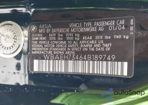 2004 BMW 645Ci из США, поврежденный, VIN WBAEH73464B189749